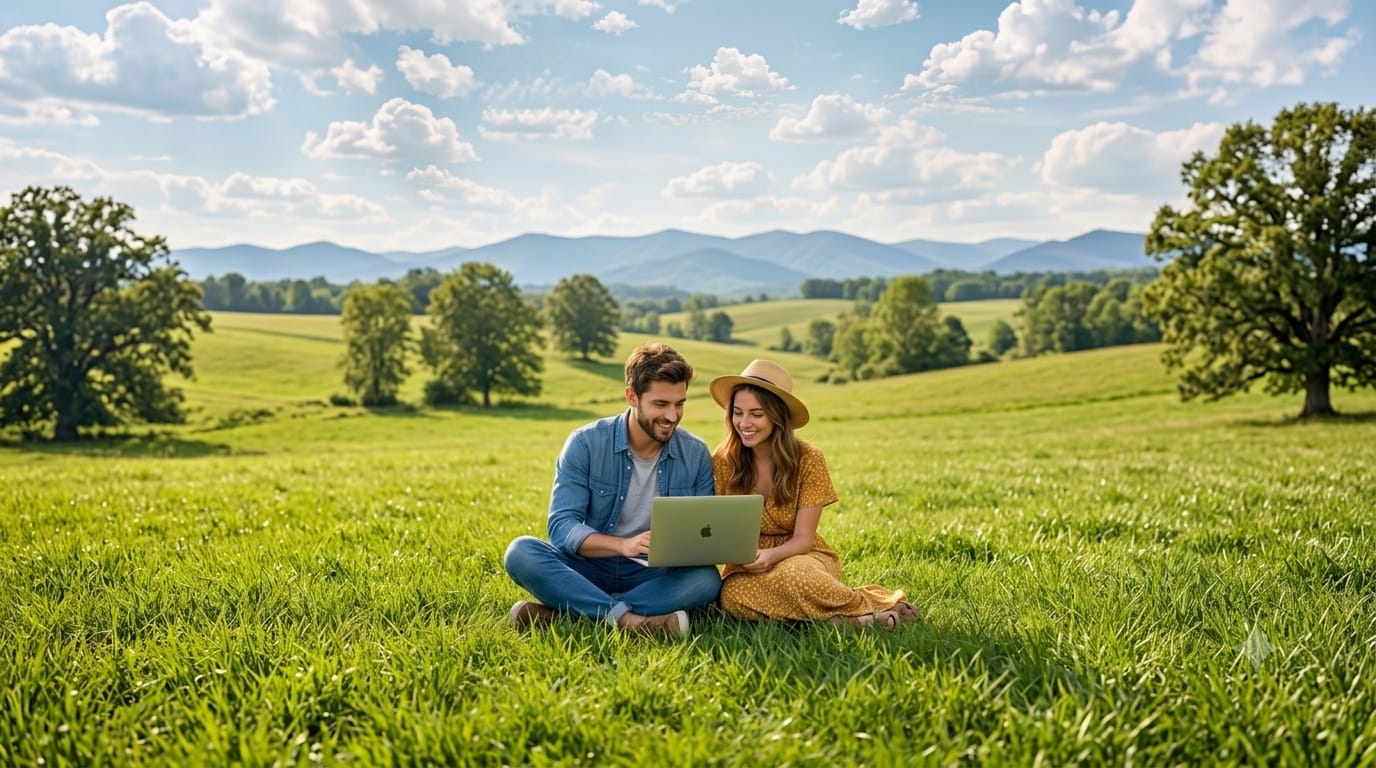 Couple working on a laptop in a green field