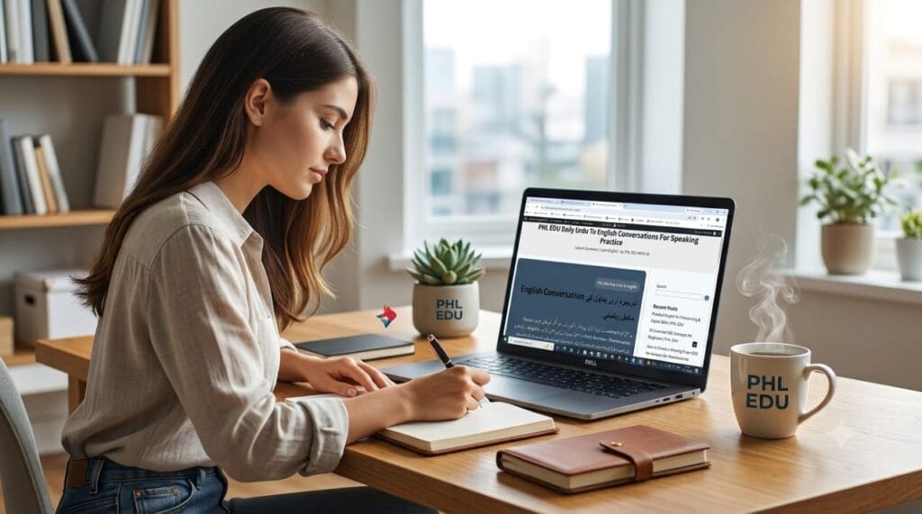 A young woman is writing in a notebook at a desk. She is looking at a laptop with a website on the screen that mentions "PHL EDU Daily