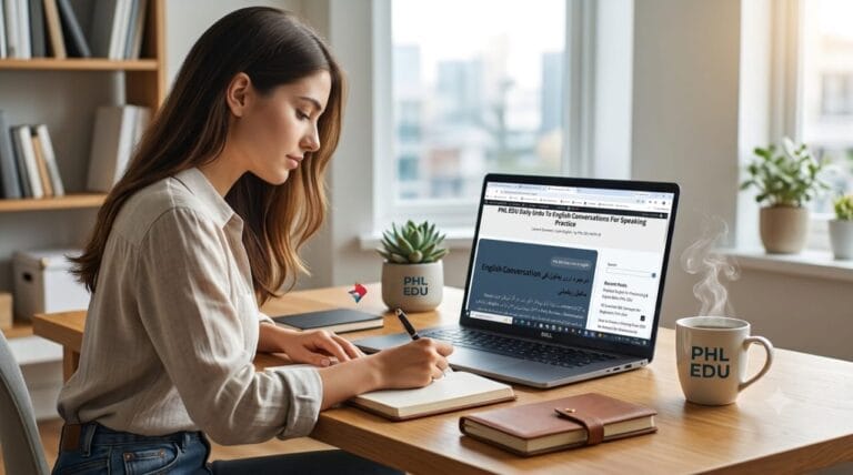A young woman is writing in a notebook at a desk. She is looking at a laptop with a website on the screen that mentions "PHL EDU Daily