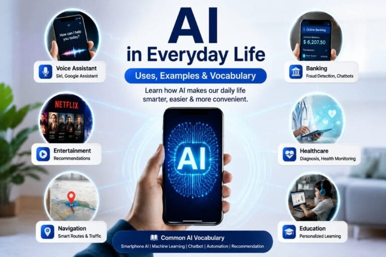 AI in everyday life showing artificial intelligence uses in smartphones, banking, healthcare, navigation, entertainment, and education