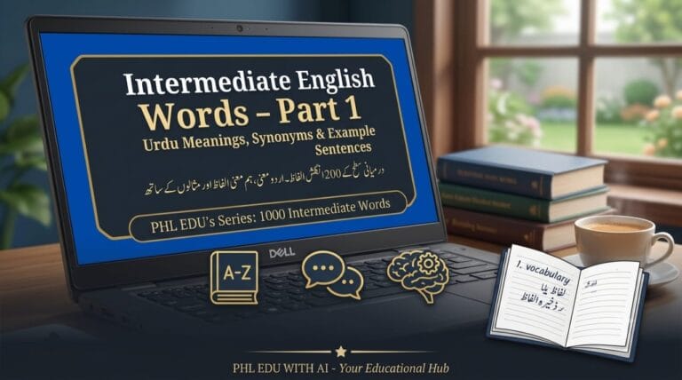Intermediate English Words Part 1 with Urdu Meanings, Synonyms and Sentences