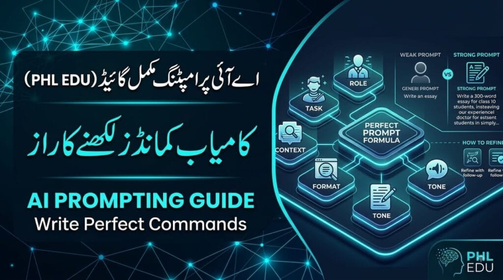 A complete guide infographic explaining AI Prompting with examples of perfect prompt formula, weak vs strong prompts, and how to refine with follow-up. It includes elements like Role, Task, Context, Format, and Tone.