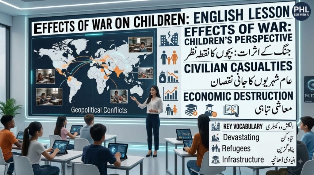 Effects of war on children english vocabulary lesson banner with urdu translation