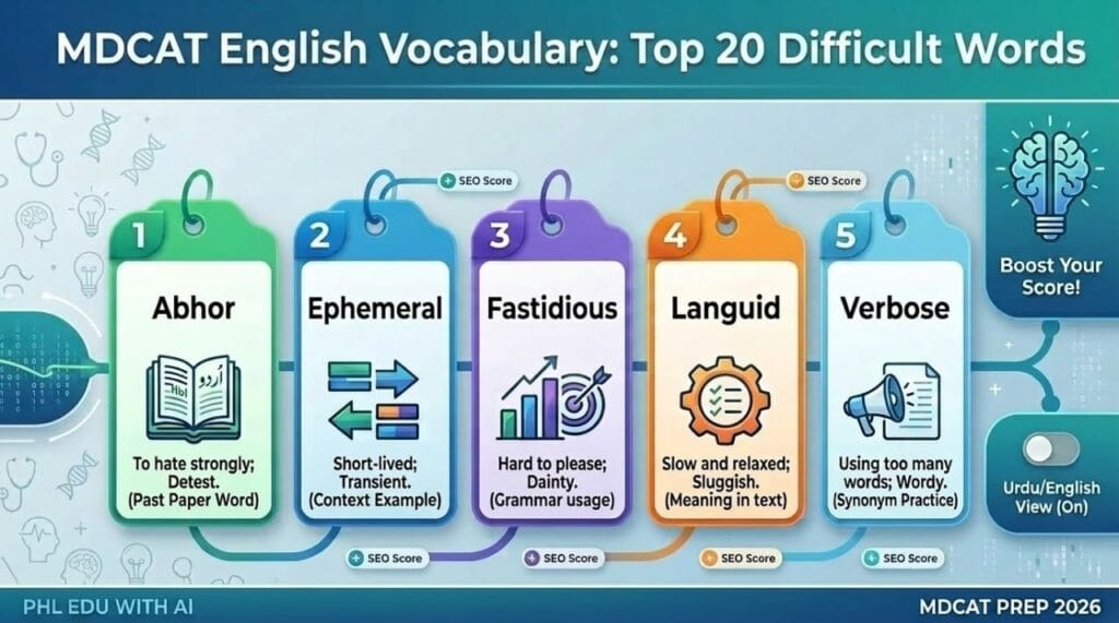 Infographic showing top 20 MDCAT English vocabulary words with meanings, synonyms, and PMDC syllabus preparation notes by PHL EDU WITH AI.
