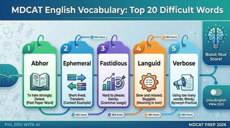 Infographic showing top 20 MDCAT English vocabulary words with meanings, synonyms, and PMDC syllabus preparation notes by PHL EDU WITH AI.