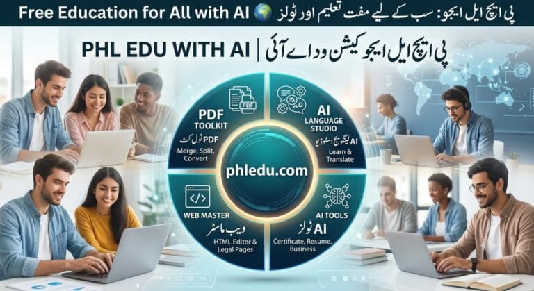 A bilingual educational infographic banner showing "PHL EDU WITH AI | Free Education for All with AI" and "پی ایچ ایل ایجو: سب کے لیے مفت تعلیم اور ٹولز" featuring groups of diverse students collaborating around a central web services wheel for phledu.com.