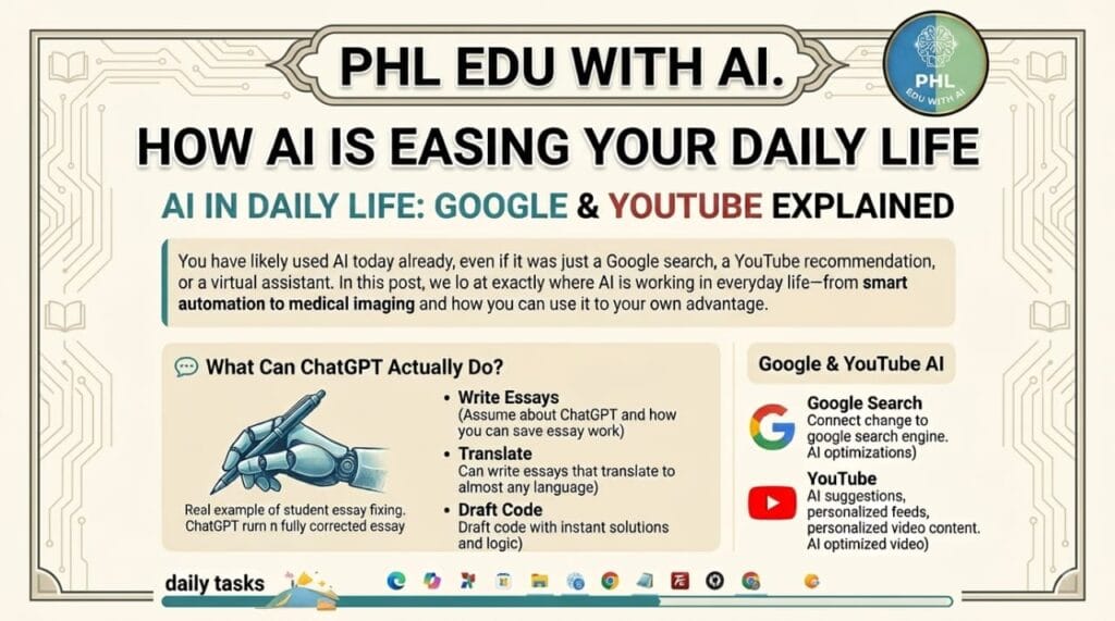 PHL EDU WITH AI infographic explaining how Artificial Intelligence is easing daily life, with sections on ChatGPT capabilities (writing, translation, coding), Google Search, and YouTube personalization, featuring a robotic hand illustration and a circuit board border.