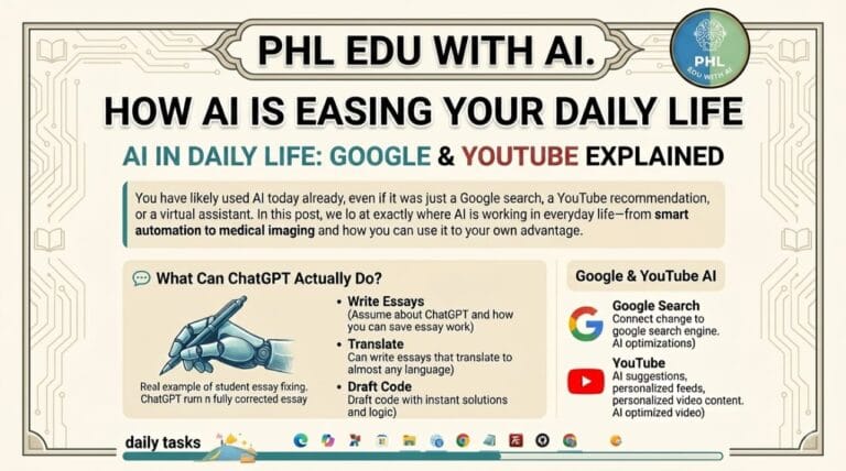 PHL EDU WITH AI infographic explaining how Artificial Intelligence is easing daily life, with sections on ChatGPT capabilities (writing, translation, coding), Google Search, and YouTube personalization, featuring a robotic hand illustration and a circuit board border.