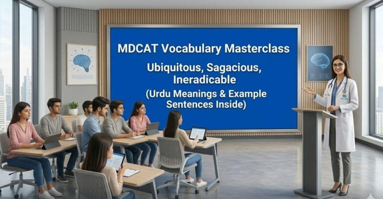 ​"A female teacher in a lab coat lecturing students in a modern classroom about MDCAT vocabulary on a large digital screen."
