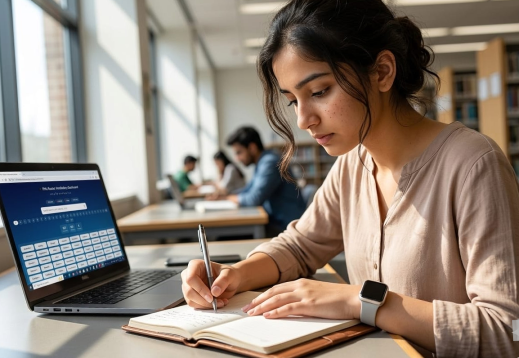 PHL Master Vocabulary Dashboard showing 200 English words with Urdu translation and sentences.