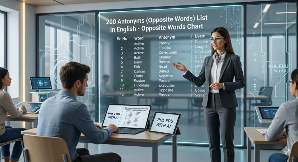 ​"Professor teaching 200 English Antonyms List, PHL EDU WITH AI."