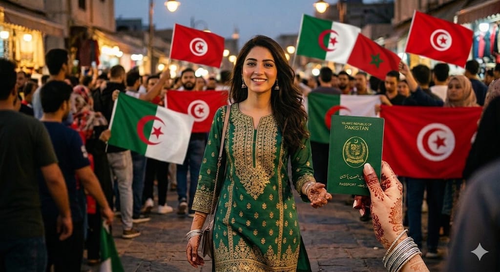 Woman in green holding Pakistan passport with flags of Algeria, Tunisia, and Morocco representing historic diplomatic support.