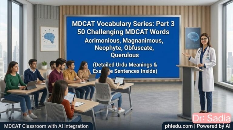 MDCAT Vocabulary Part 3 - 50 Hard English Words with Urdu Meaning by PHL EDU WITH AI