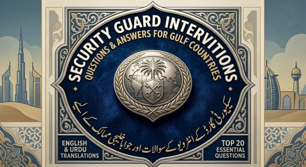 A detailed infographic badge featuring a globe and crossed keys, titled 'Security Guard Interviews' in English and 'سیکیورٹی گارڈ کے انٹرویو کے سوالات اور جوابات خلیجی ممالک کے لیے' in Urdu, with a Gulf skyline background. This powerful image is designed for an article on security guard job interview preparation in the Gulf.