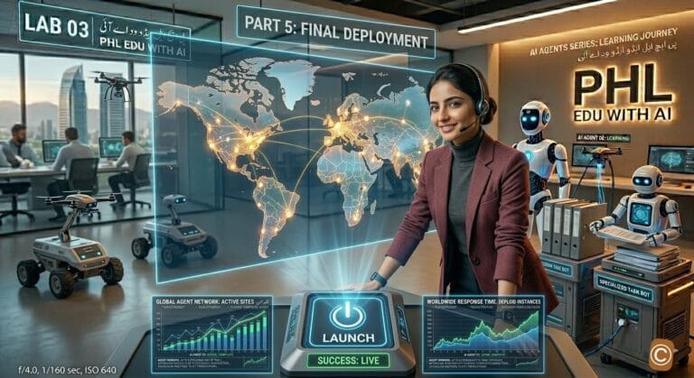 Professional Pakistani female developer successfully deploying an AI agent to the cloud on a holographic world map in 'PHL EDU WITH AI' lab.