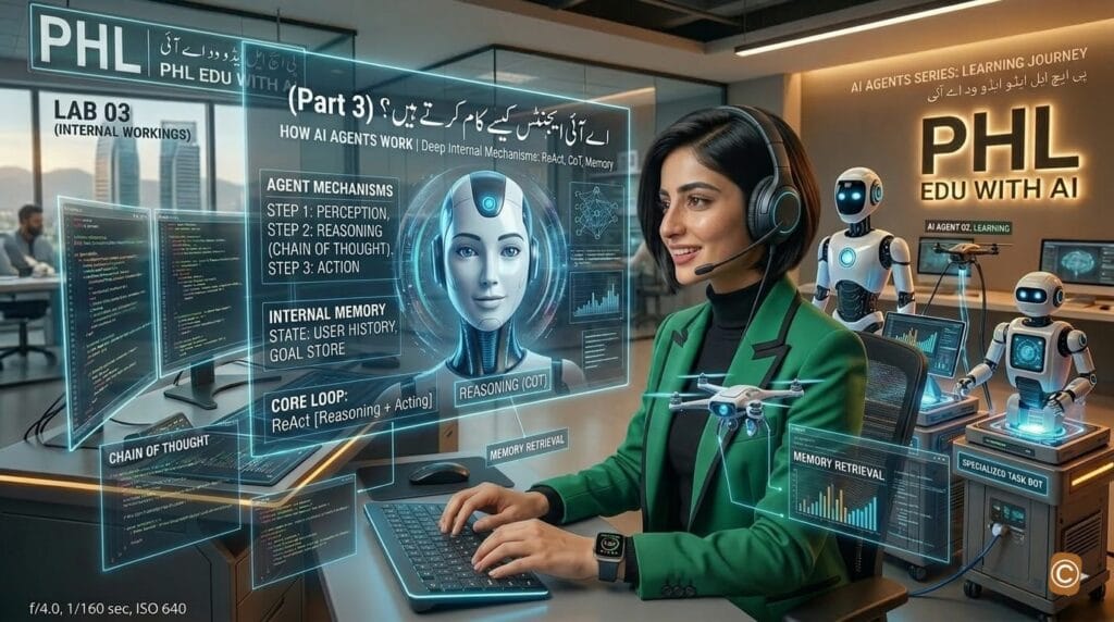 Professional Pakistani female developer in a modern dress with a smartwatch, interacting with an AI agent displayed on a large screen in a high-tech lab.