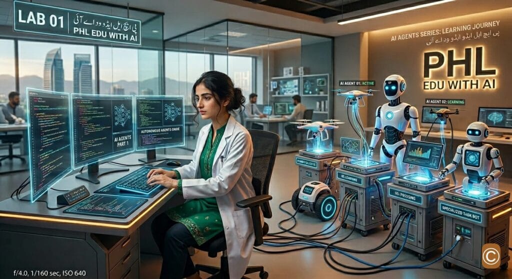 Pakistani female AI developer coding intelligent agents in a futuristic lab at PHL EDU WITH AI, complete guide part 1.
