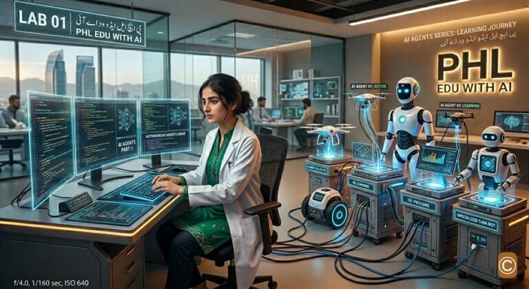 Pakistani female AI developer coding intelligent agents in a futuristic lab at PHL EDU WITH AI, complete guide part 1.