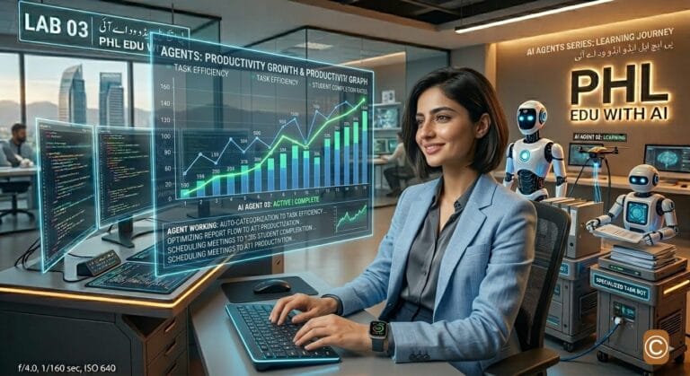 * Professional Pakistani female AI expert presenting business and educational AI agent use cases on a futuristic digital dashboard.