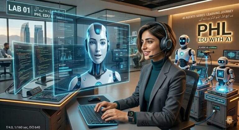Pakistani female engineer assembling AI agents in a modern tech lab, building autonomous systems for free guide.