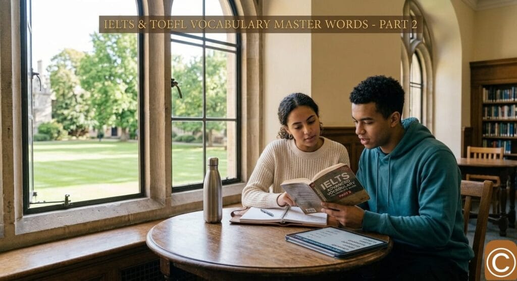 A professional high-resolution graphic showing two students in a library-style setting preparing for IELTS exams with a scenic green outdoor view