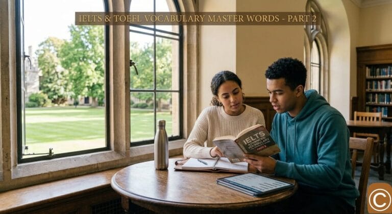 A professional high-resolution graphic showing two students in a library-style setting preparing for IELTS exams with a scenic green outdoor view