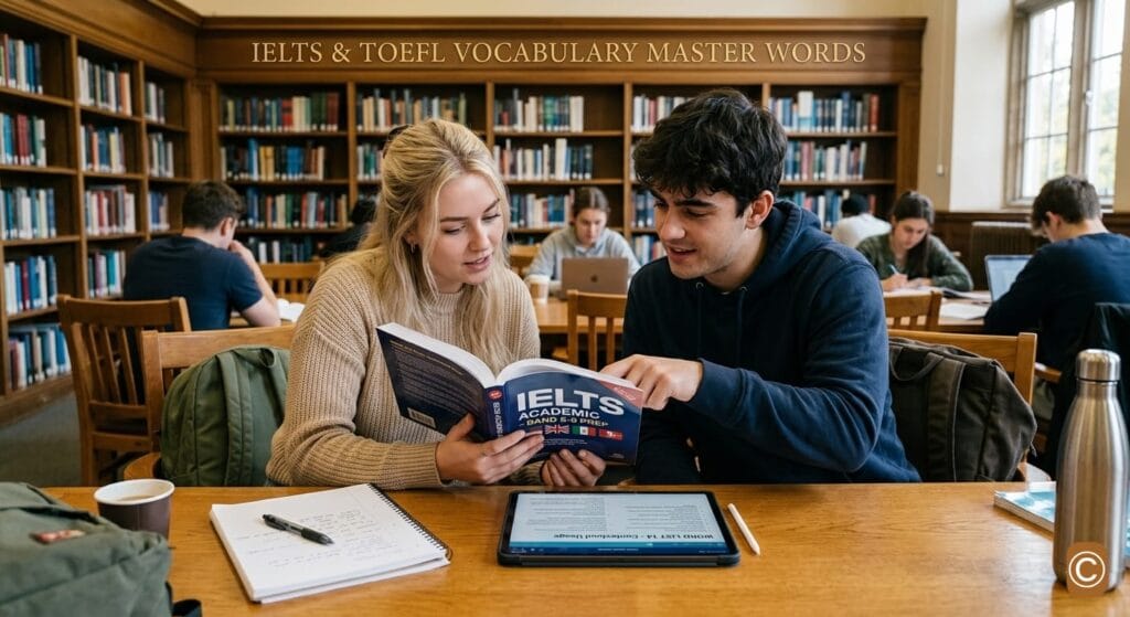 Students studying IELTS Vocabulary Master Guide with books and tablet in a library.