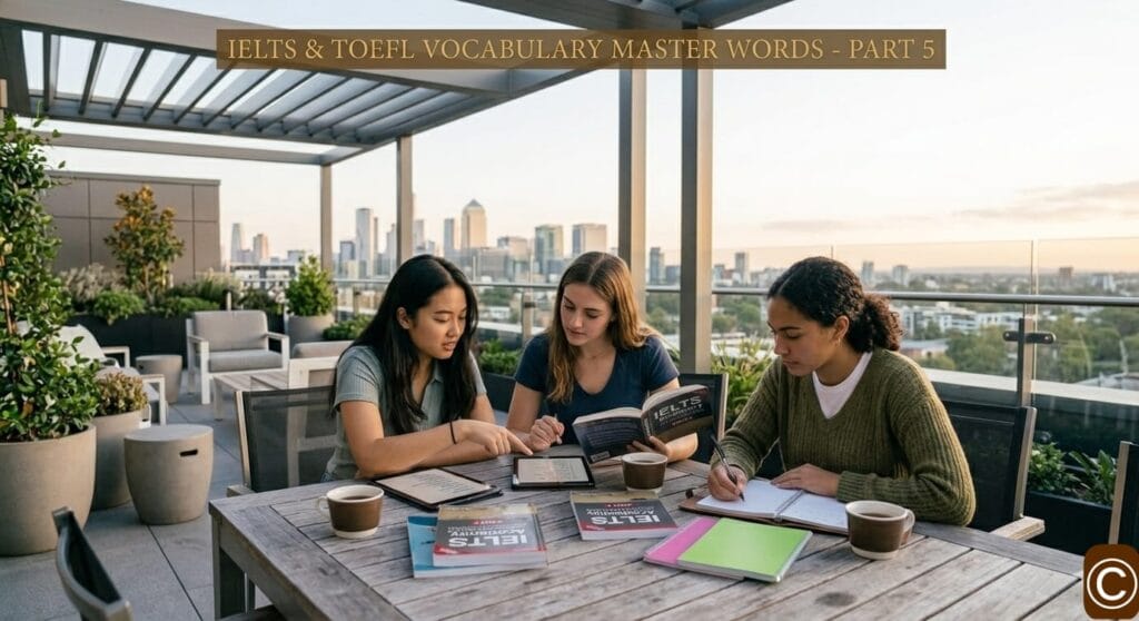Three female students engaging in a group study session on a modern rooftop terrace, using tablets and IELTS prep books.