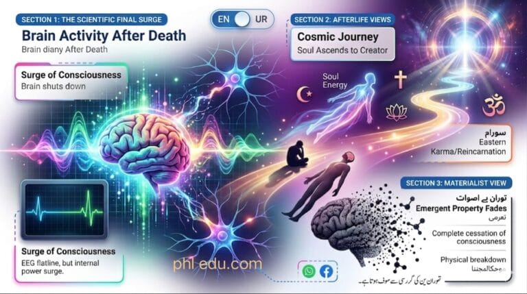 Infographic showing brain activity after death with science wave and language toggle option