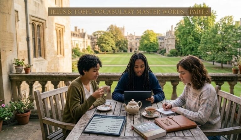 Three female students studying IELTS advanced vocabulary on an outdoor terrace with tea, books, and a tablet.