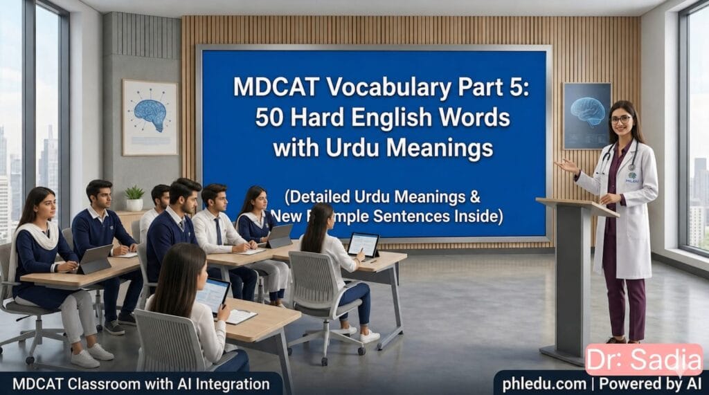 MDCAT Vocabulary Part 5 classroom lecture with 50 hard English words and Urdu meanings displayed on screen