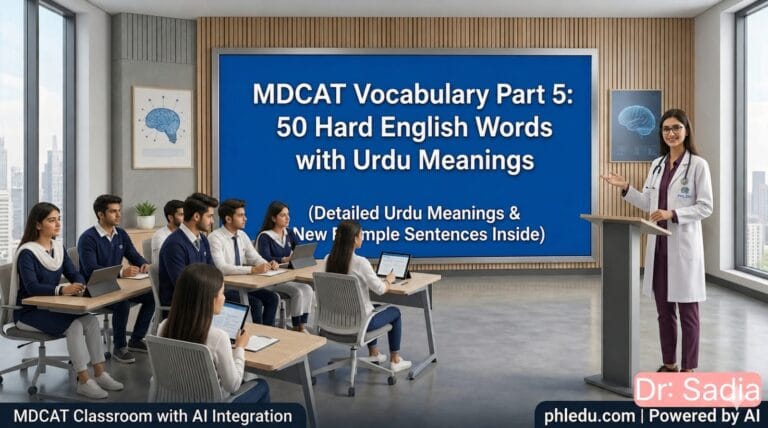 MDCAT Vocabulary Part 5 classroom lecture with 50 hard English words and Urdu meanings displayed on screen
