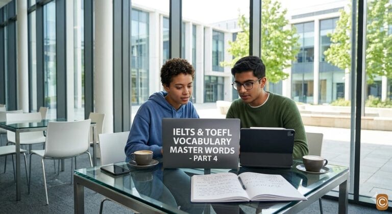 Two diverse female students collaboratively studying advanced IELTS vocabulary in a library nook with a laptop and open books.