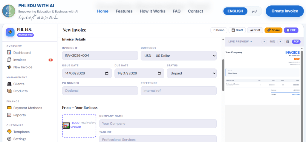 Free Online Invoice Generator dashboard layout by PHL EDU WITH AI