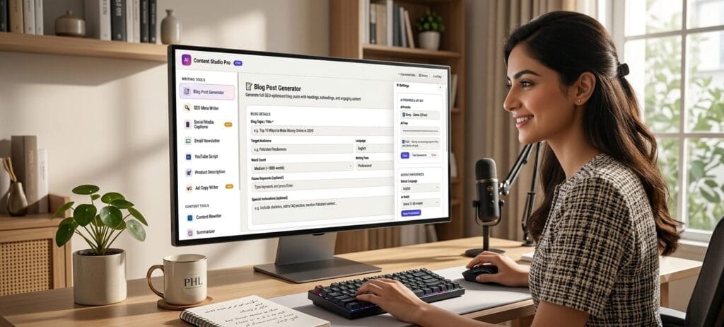 A professional woman using the AI Content Studio Pro interface on a computer to generate blog posts in a modern, organized workspace.