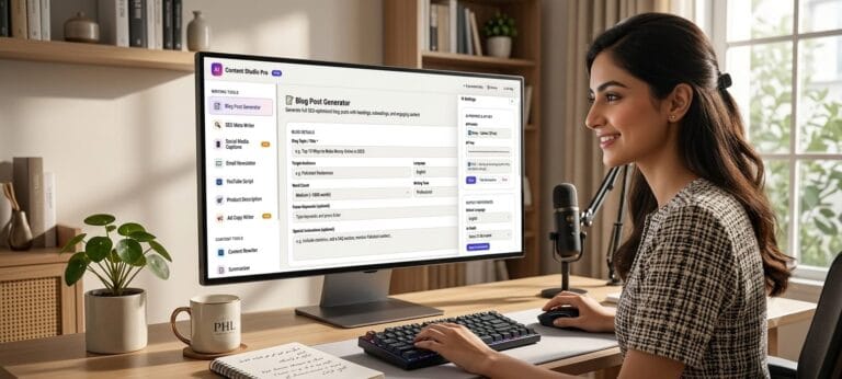 A professional woman using the AI Content Studio Pro interface on a computer to generate blog posts in a modern, organized workspace.