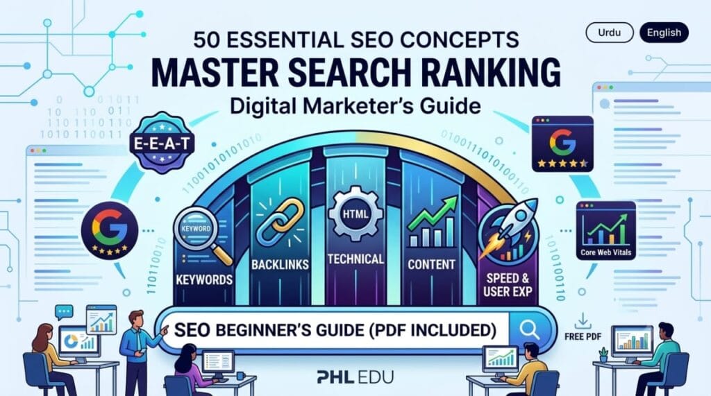 Detailed digital illustration of 50 Essential SEO Concepts for Beginners by PHL EDU, showing conceptual pillars like Keywords, Backlinks, Technical SEO, and Content with a diverse marketing team. Includes Urdu/English toggle and PDF download info.