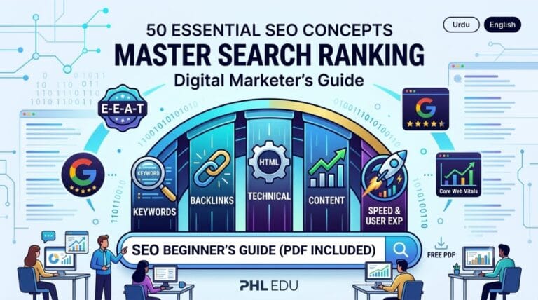 Detailed digital illustration of 50 Essential SEO Concepts for Beginners by PHL EDU, showing conceptual pillars like Keywords, Backlinks, Technical SEO, and Content with a diverse marketing team. Includes Urdu/English toggle and PDF download info.