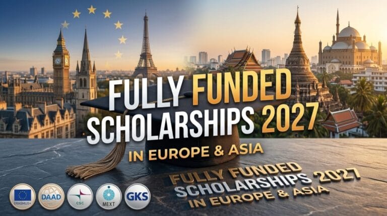 Featured banner image for Fully Funded Scholarships 2027 in Europe and Asia for international and Pakistani students featuring major university landmarks and scholarship logos.