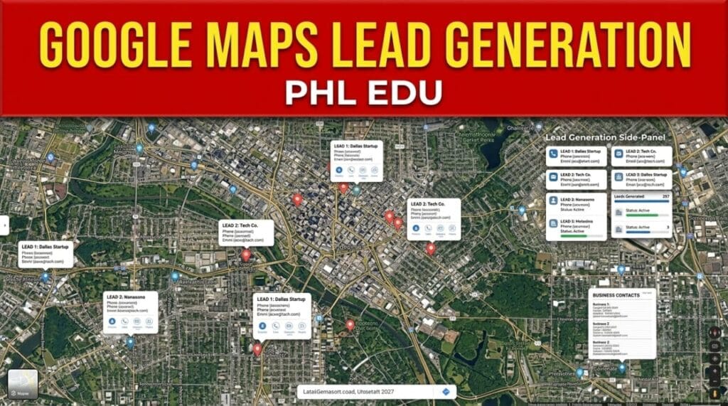 An intricate and detailed infographic illustrating the process of Google Maps lead generation for businesses. A bold red header banner across the top displays the yellow text "GOOGLE MAPS LEAD GENERATION" and "PHL EDU" below it. The background features a real-world satellite map view of a city with multiple locations marked by red pins. Several information cards with detailed lead data are scattered over the map, specifying details like "LEAD 1: Dallas Startup" and "LEAD 2: Tech Co.," including contact phone numbers, email addresses, and names. A "Lead Generation Side-Panel" on the right side lists more leads and their active status, complete with lead counts and contact icons. Business contact lists are also integrated into the map area at the bottom. The entire visual serves as a comprehensive dashboard for managing business leads found via Google Maps.