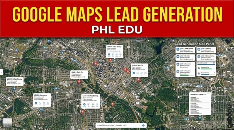 An intricate and detailed infographic illustrating the process of Google Maps lead generation for businesses. A bold red header banner across the top displays the yellow text "GOOGLE MAPS LEAD GENERATION" and "PHL EDU" below it. The background features a real-world satellite map view of a city with multiple locations marked by red pins. Several information cards with detailed lead data are scattered over the map, specifying details like "LEAD 1: Dallas Startup" and "LEAD 2: Tech Co.," including contact phone numbers, email addresses, and names. A "Lead Generation Side-Panel" on the right side lists more leads and their active status, complete with lead counts and contact icons. Business contact lists are also integrated into the map area at the bottom. The entire visual serves as a comprehensive dashboard for managing business leads found via Google Maps.