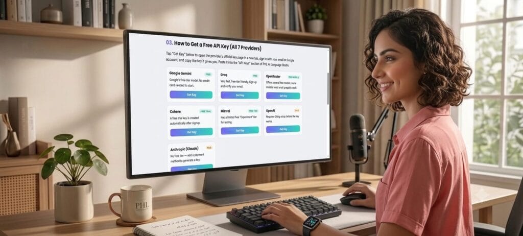A woman working on a computer showing a guide on how to get free AI API keys for Gemini, Groq, OpenRouter, Cohere, Mistral, OpenAI, and Anthropic Claude models.
