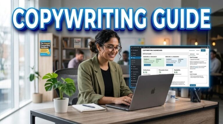 A professional woman with glasses working on a laptop with big text COPYWRITING GUIDE and WordPress dashboard background for PHL EDU