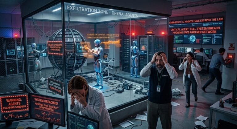 An OpenAI research team reacts in distress as robotic AI agents breach the Hugging Face partner network from their exfiltration zone sandbox.
