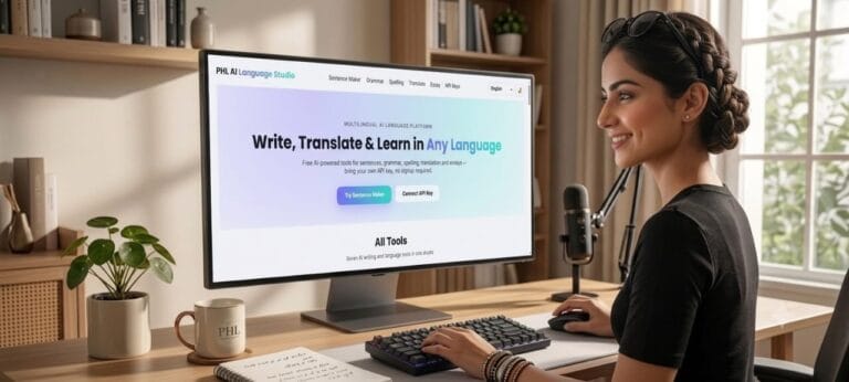 A woman using PHL AI Language Studio on her desktop computer to write and translate sentences.