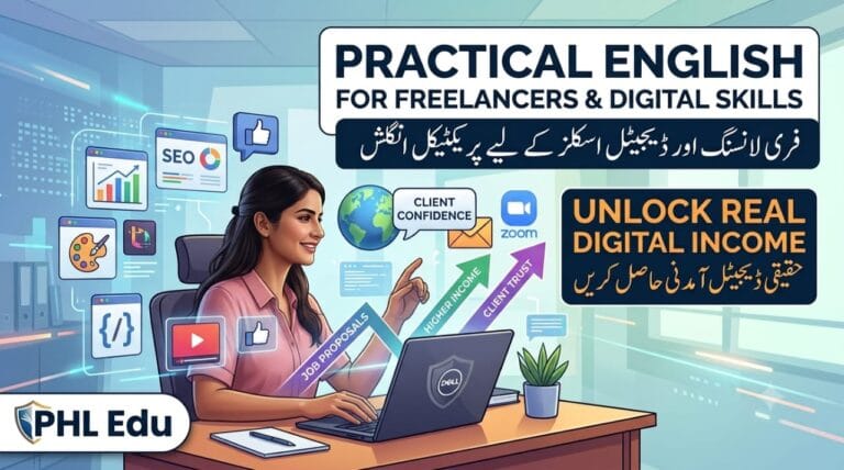 A real freelancer girl using a Dell laptop at her desk, surrounded by digital skills icons like SEO, Zoom, and Proposals, illustrative of the 'Practical English for Freelancers' guide from PHL Edu. A banner reads 'UNLOCK REAL DIGITAL INCOME'.