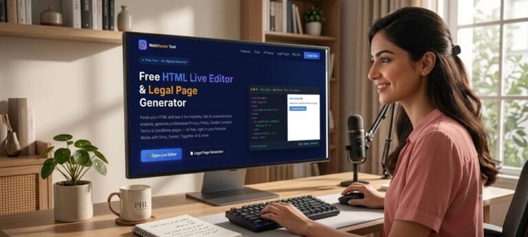 WebMaster Tool Interface featuring Free HTML Live Editor and Legal Page Generator by PHL EDU WITH AI