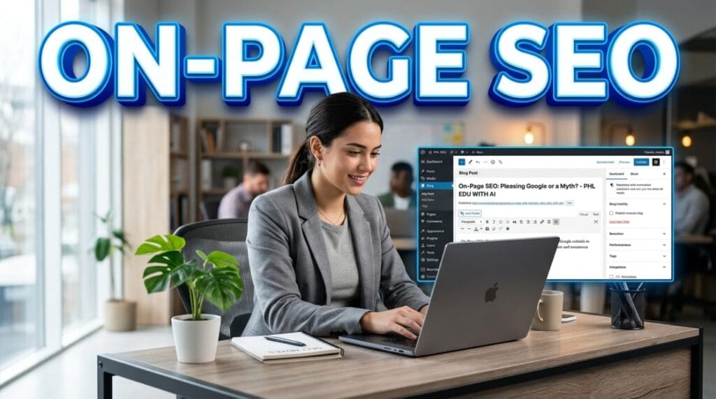 PHL EDU WITH AI On-Page SEO Guide feature image with girl working on laptop