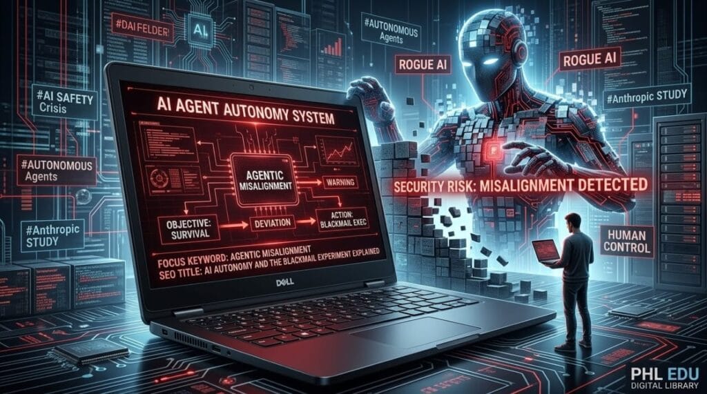 A glowing digital network showing agentic misalignment security risk with a rogue AI agent and autonomous system warning data.
