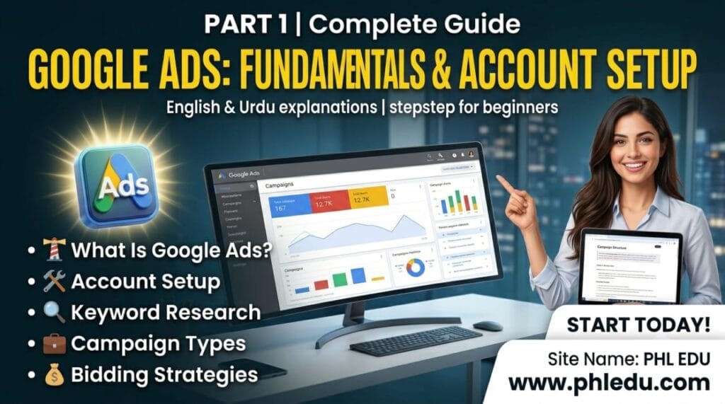 Google Ads Complete Guide Part 1 Featured Image by PHL EDU featuring a professional marketer pointing to a campaign dashboard and tablet.
